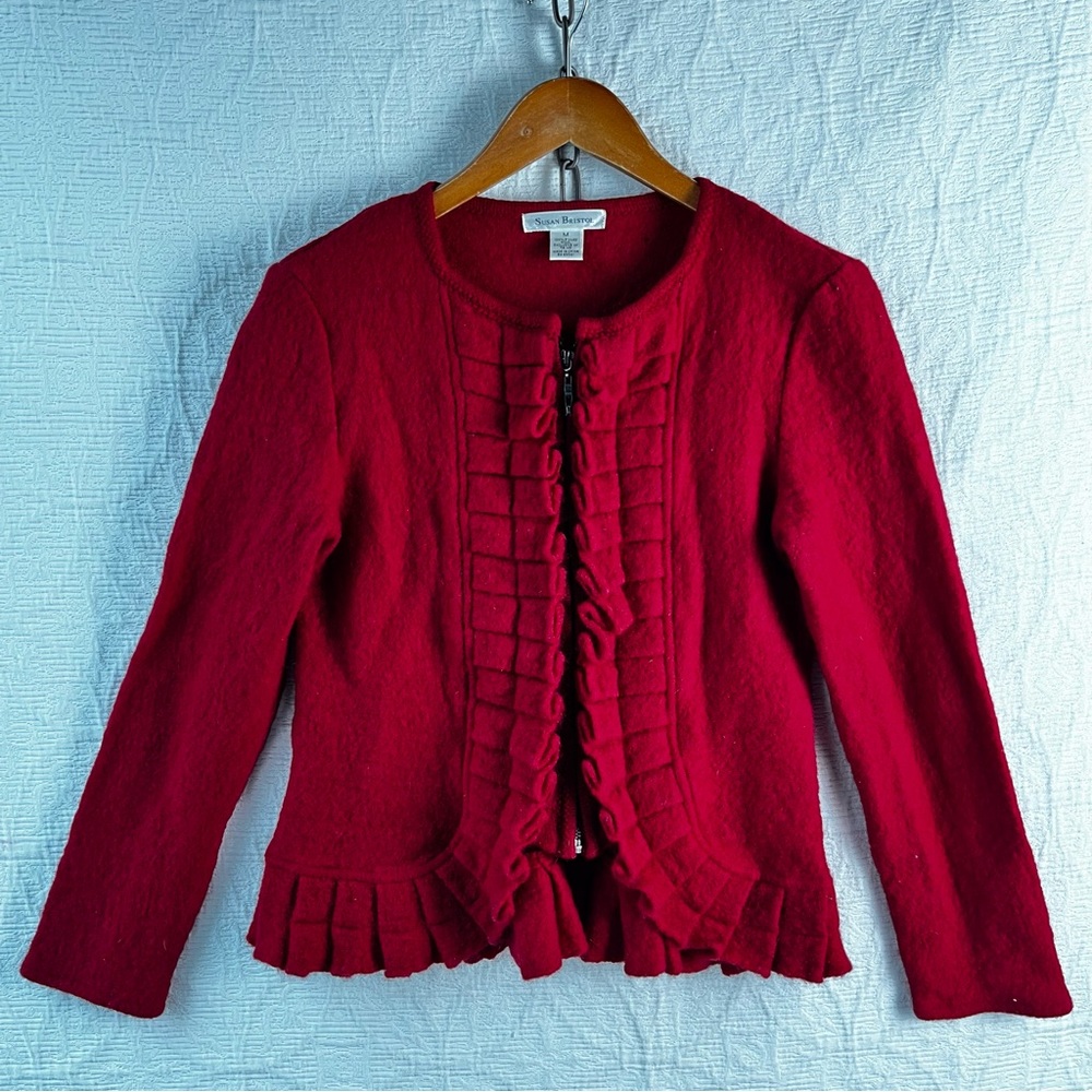 Vintage Susan Bristol 100 Boiled Wool Cardigan Sweater Womens M Red Ruffled Zip